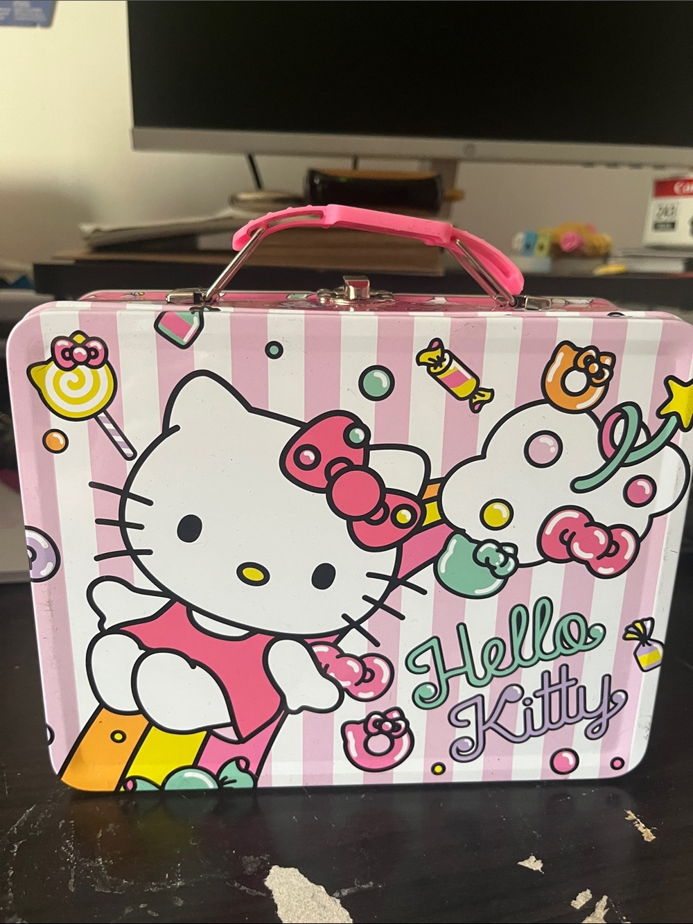 Hello Kitty Pink White Striped Tin Lunchbox